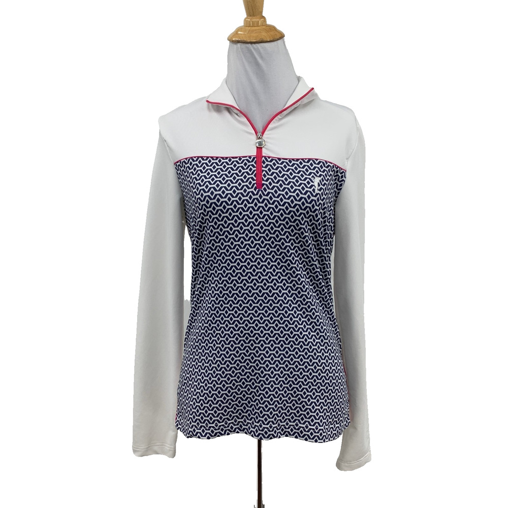 Golfino Shirt Womens 6 White Prussian Printed Techno Stretch Troyer 1/4 Zip Golf